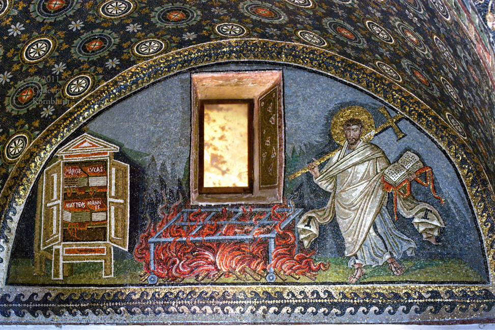 Saint Lawrence as deacon with cross, fire of his death and books of the four gospels.